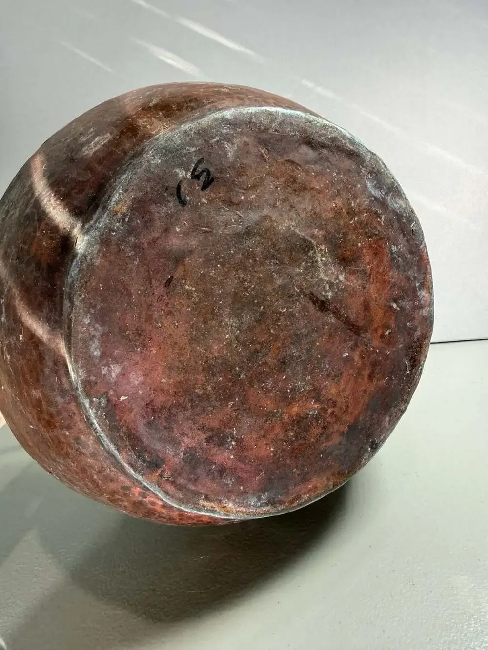 Antique Hand Hammered Copper Pot Cauldron Bail Handle Verdigris Patina Primitive
